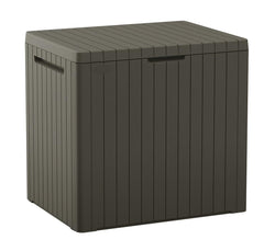 Keter City 30 Gallon Resin Outdoor Storage Box and Patio Furniture Side Table for Pool and Garden Accessories, Taupe