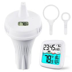 Wireless Pool Thermometer Floating, IPX8 Waterproof & Rugged Swimming Pool Temperature with Tether, Instant Digital Display, with 2 Sealing Wrenches