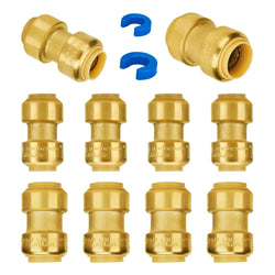 SUNGATOR Push Plumbing Fittings Assortment, 1/2 Inch Coupling (5 PCS), 3/4 Inch Coupling (5 PCS), No Lead Brass Push to Connect Pex Pipe, Copper, CPVC, with 2 Disconnect Clips, Pack of 10