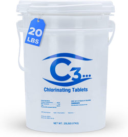C3… 20 lbs. 3" Stabilized Chlorine Tabs for Swimming Pools | Easy to Use for Above Ground or Inground Pool | Slow Dissolving Individually Wrapped Chlorinating Tablets | 20 Pound Bucket