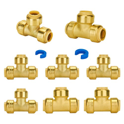 SUNGATOR Push Fitting Set, 1/2 Inch Pushfit Tee (5 PCS), 3/4 Inch Pushfit Tee (3 PCS), No Lead Brass Push to Connect Plumbing Fittings for Pex Pipe, Copper, CPVC, with 2 Disconnect Clips, Pack of 8