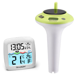 Raddy PT-5 TN Wireless Pool Thermometer Floating Easy Read, IPX8 Waterproof Digital Thermometer with Indoor Temperature Humidity Monitor, Alarm Clock, Solar & Battery Powered for Spa, Pond, Aquarium