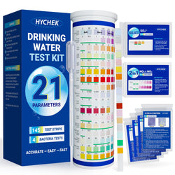 HYCHEK 21 in 1 Accurate Drinking Water Testing Kits, 145 Strips + 4 Bacteria Tests, Well and Tap Water Test Kit, Home Test Strips for Lead, Fluoride, Chlorine, Hardness, pH, Iron, Copper, and More