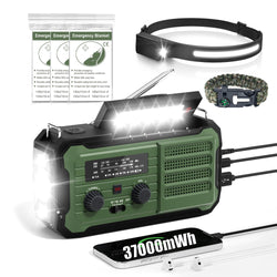 Emergency Radio Hand Crank Solar, 10000mAh/37000mWh Emergency Weather Radio, Hand Crank Solar Radios with NOAA/AM/FM, Rechargeable Headlamp, Thermal Blanket, Survival Bracelet, for Home & Outdoor