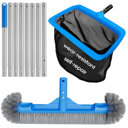 TidyMister Pool Cleaning Kit Full Set - 17.5'' Self-Repair Pool Nylon Net Fine Mesh & 17.5'' Detachable Rounded End Pool Brush & 10 Ft Pool Pole, for Above Ground In-ground Pools, Spas, Hot Tubs