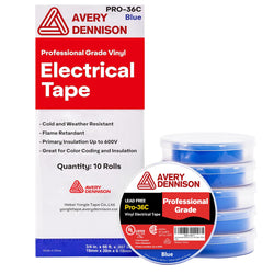 Avery Dennison Electrical Tape, 10 Rolls Professional Grade PVC Electric Tape, UL/CSA Listed ¾ in x 66 ft Insulating Vinyl Tape for Electrical, Repairs, Automotive and Equipment, Pro-36C, Blue