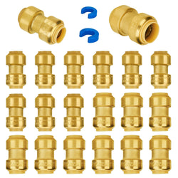 SUNGATOR Push Plumbing Fittings Set, 1/2 Inch Coupling (10 PCS), 3/4 Inch Coupling (10 PCS), No Lead Brass Push to Connect Pex Pipe, Copper, CPVC, with 2 Disconnect Clips, Pack of 20