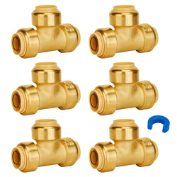 SUNGATOR 6-Pack Tee Plumbing Pipe Connector, 3/4-Inch Push Fit PEX Tee, No Lead Brass T Fittings with Disconnect Clip, Push-to-Connect, Copper, CPVC