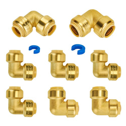 SUNGATOR Push Fitting Set, 1/2 Inch Plumbing Fitting Elbow (5 PCS), 3/4 Inch Plumbing Fitting Elbow (3 PCS), No Lead Brass Push to Connect Pex, Copper, CPVC, with 2 Disconnect Clips, Pack of 8