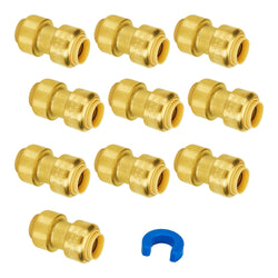 10-Pack SUNGATOR 1/2 Inch Straight Coupling Pushfit Plumbing Fittings, No Lead Brass Straight Coupler, Push to Connect Pex Pipe, Copper, CPVC, with 1 Disconnect Tool