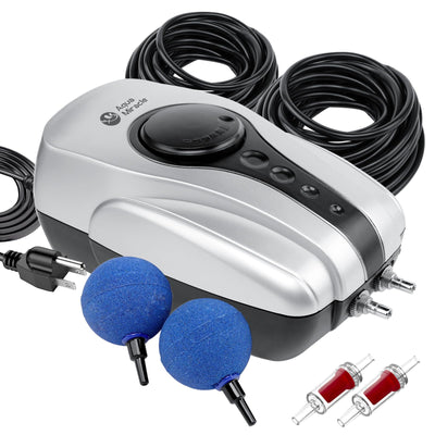 AquaMiracle All-in-One Koi Pond Aerator for Outdoor Pond up to 1000 Gallons, Air Pump Aeration Kit with 2 Outlets Air Stones Airline Tubing Check Valves