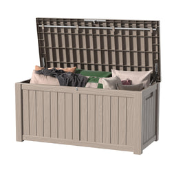 MAIUSCOLI 150 Gallon Outdoor Deck Box,Storage Lockable Waterproof Patio Furniture,Garden Tools,Cushions,Pool Accessories Outside Storage Resin Box(Grey)