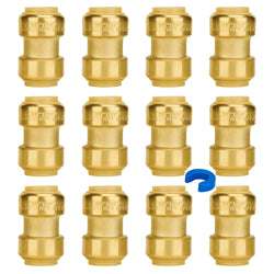 SUNGATOR 3/4 Inch Coupling, Push Pex Fittings 3/4 Inch, No Lead Brass Push-to-Connect Plumbing Fittings for Pex Pipe, Copper, CPVC, with 1 Disconnect Clip, Pack of 12