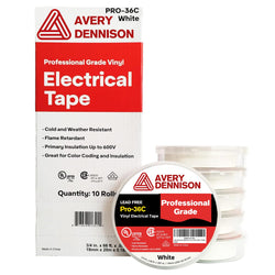 Avery Dennison Electrical Tape, 10 Rolls Professional Grade PVC Electric Tape, UL/CSA Listed ¾ in x 66 ft Insulating Vinyl Tape for Electrical, Repairs, Automotive and Equipment, Pro-36C, White