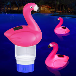 Covfirst Pool Chlorines Floater, 9 in Flamingo Chlorine Floater w/Light, Solar Chlorine Floater w/Adjustable Flow, Large Size Chlorine Tablet Floater, Floating Chlorines Dispenser for Pool Hot Tub