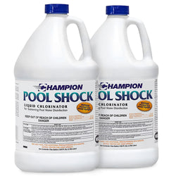 Champion 2-Pack Pool Shock, 12.5 Liquid Chlorinator for Swimming Pools, 1 Gallon Each - Fast-Acting Sodium Hypochlorite Sanitizer, Ready to Use, Non-Staining, Non-Scaling, Commercial Grade