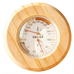 Wooden Sauna Thermometer and Hygrometer, 70–250°F & 0–100% RH, Integrated Temperature Humidity Gauge with Color Zones, Glass Dial, Wall-Mount Design for Home Sauna, Spa & Relaxation Rooms