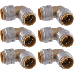 SharkBite Max 3/4 x 3/4 in PTC 90-Degree Elbow, Pack of 6, Push-to-Connect Brass Plumbing Fitting, UR256