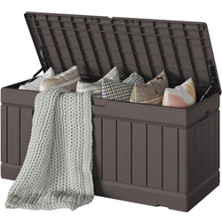 Devoko 78 Gallon Deck Box, Waterproof Resin Outdoor Storage Box for Outside and Patio, Outdoor Storage Bench Lockable for Patio Furniture, Garden Tools and Pool Supplies (Brown, 78 Gallon)