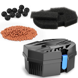 POPOSOAP Pond Filter for Outdoor Ponds, Small Filter Box with Filter Pads, 10 Bio-Balls & Ceramic Rings for Outdoor Pond Pump Submersible Fountain Pump