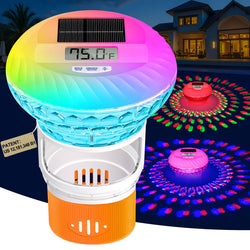 Chlorine Floater with Digital Thermometer, Solar Pool chlorines Floater with Lights,Button Control Pool Chlorine Dispenser,Large LCD Screen Floating Chlorines Dispenser,Adjustable Flow（Orange）