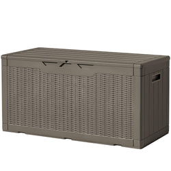 Devoko 97 Gallon Deck Box, Waterproof Resin Outdoor Storage Box for Outside and Patio, Large Outdoor Storage Bench Cabinet Lockable for Patio Furniture, Garden Tools and Pool Supplies (Brown)