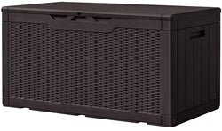 Greesum 100 Gallon Resin Deck Box Large Outdoor Storage, Imitation Rattan Weave Texture for Patio Furniture, Garden Tools, Pool Supplies, Weatherproof and UV Resistant, Lockable, Dark Brown