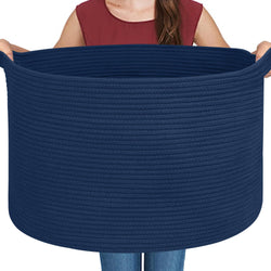 MEGASKET Dark Blue Basket for Organizing, 22" x 14" Extra Large Woven Cotton Rope Laundry Basket, Blanket Storage for Living Room Bedroom, Big Nursery Kids Toy Box Organizer, Pool Towel Storage Bin