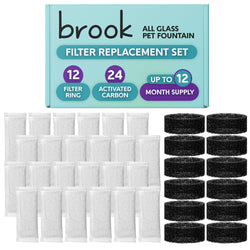 BROOK Glass Pet Fountain Filter Replacement Set – 12 Filter Rings & 24 Activated Carbon Pouches – Up to 12 Month Supply Replacement Filters Set for BROOK Cat Fountain