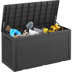 NUNU LAB 102 Gallon Large Waterproof Resin Deck Box, Lockable Outdoor Storage Box with Gas Lift, Patio Cushions, Garden Tools, Pool Supplies, Indoor Outdoor Storage Container, Black